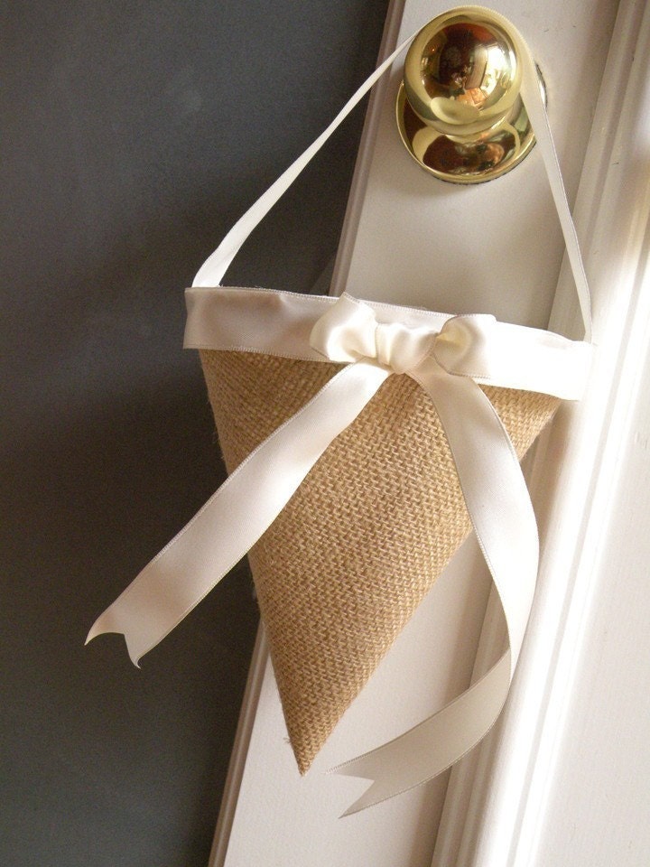 Natural Burlap with Ivory Ribbon Flower Girl Basket or Wedding Decor Cone for Aisle Chairs, Pews or Tossing Petals - Custom Ribbon Avail