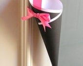 Black & White Wedding Decor Cone for Ceremony Aisle, Chair Marker, Church Pew Cone or Flower Girl Petal Basket with Custom Color Ribbon