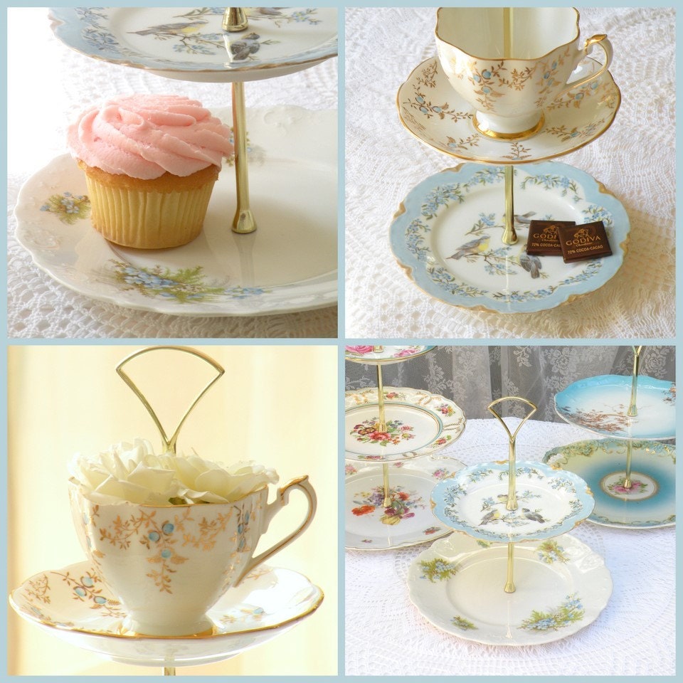 Alice Meets 3 Little Birds Vintage Tiered Light Blue China Stand for Cupcakes, Weddings, or Afternoon Tea