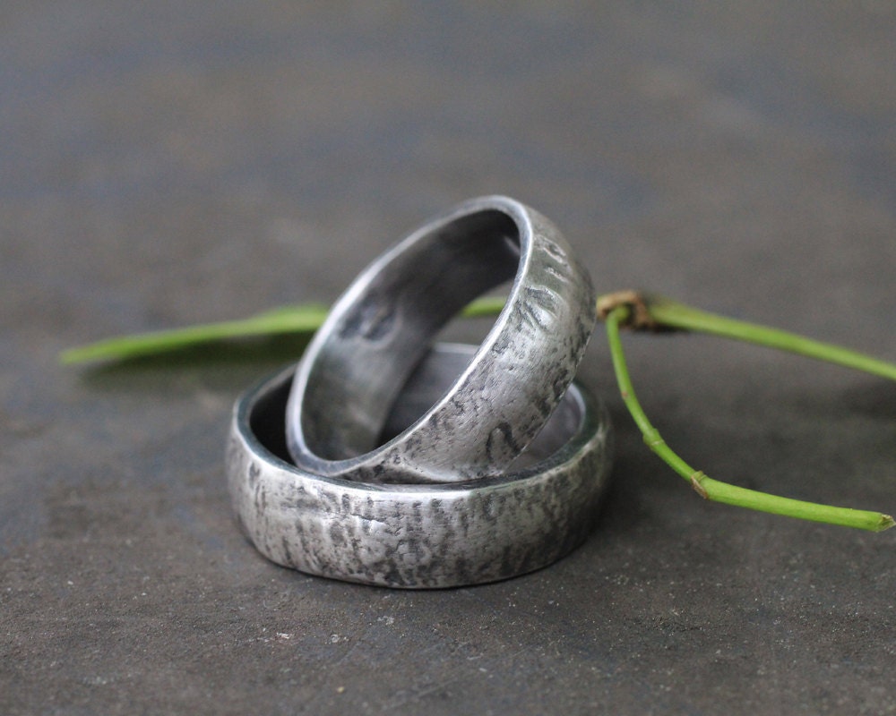 Set of nature textured silver wedding rings: Silver Bark