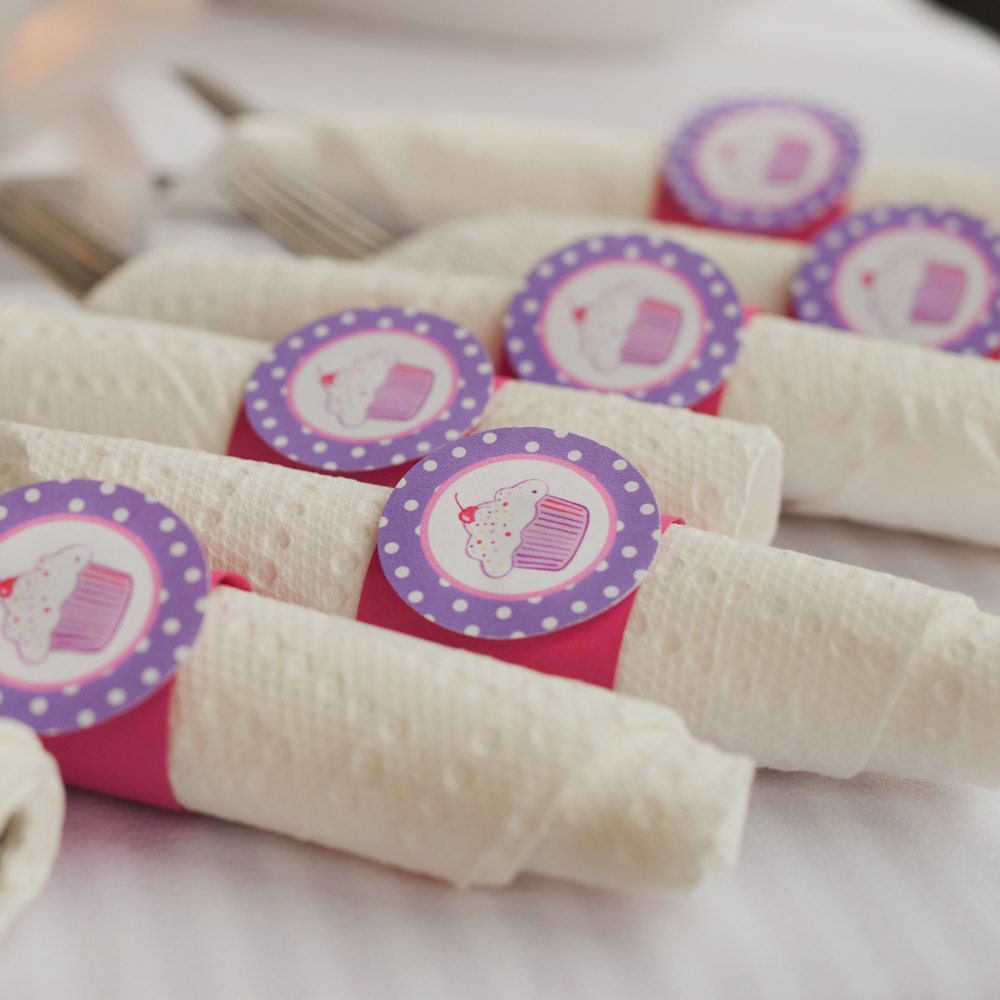 Napkin Rings - Silverware Wraps - Cupcake Theme - Happy Birthday Party and Baby Shower Decorations in Hot Pink and Purple  (12)