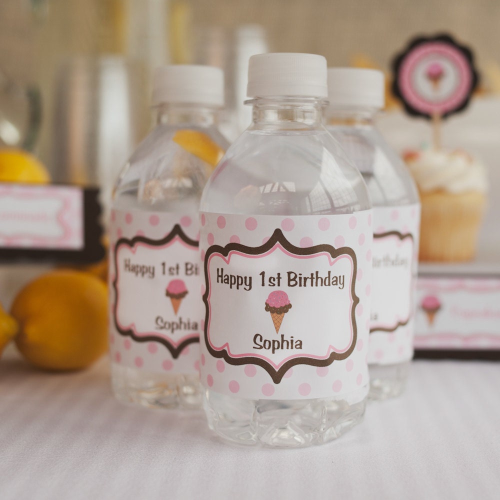 Water Bottle Labels - Birthday Party Decorations - Pink & Brown Ice Cream Sweet Shop Theme (12) Il_170x135