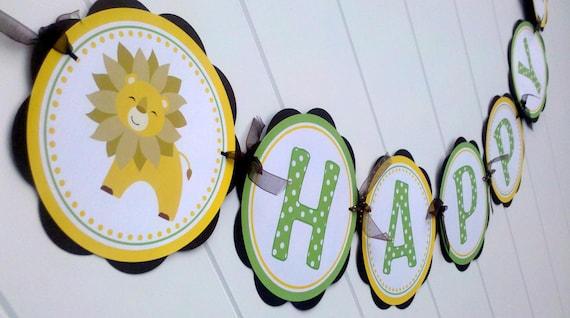 HAPPY BIRTHDAY Banner - King of the Jungle Themed Party Decorations, Jungle Birthday Party - Brown, Yellow, Green Il_570xn
