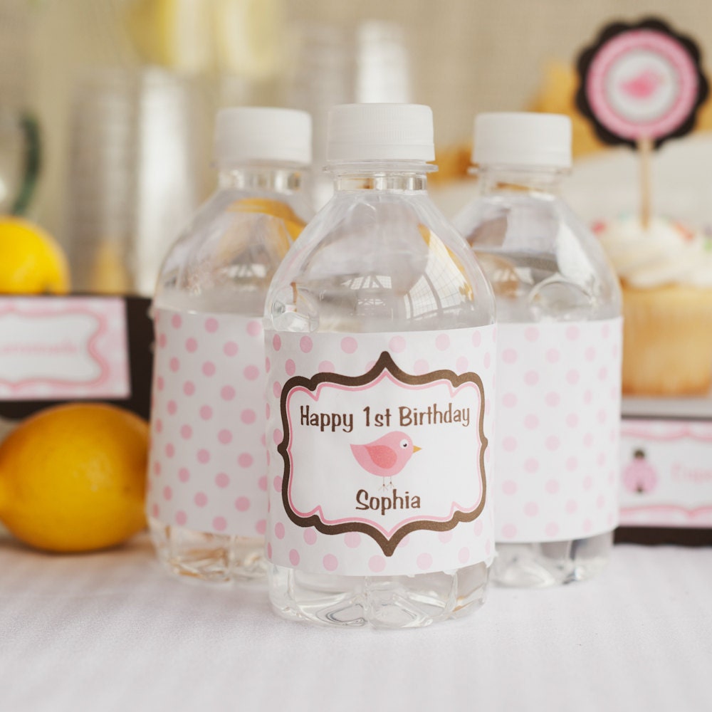 Water Bottle Labels - Pink Bird Birthday Party Decorations - Pink & Brown Lil Birdie Theme (12) Il_570xn
