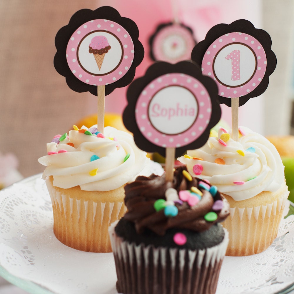 Ice Cream Cone Theme Cupcake Toppers - Sweet Shoppe Happy Birthday Party Decorations in Pink and Brown