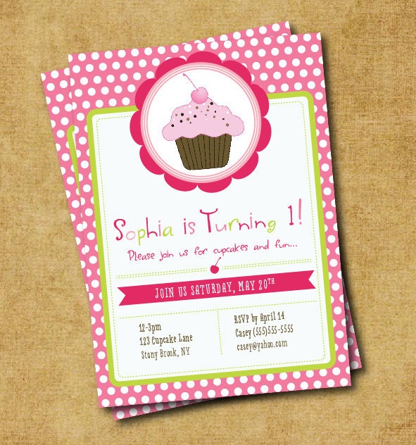 Cupcake Birthday Party Invite - Hot Pink & Green Cupcake Invitation - Digital Printable Invite Il_570xn