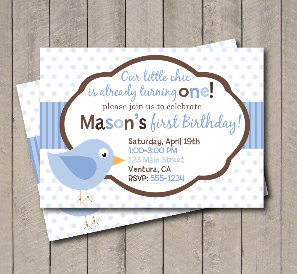 Birdie Birthday Party Invitation - Blue & Brown Bird Invite - Digital Printable Invite Il_570xn