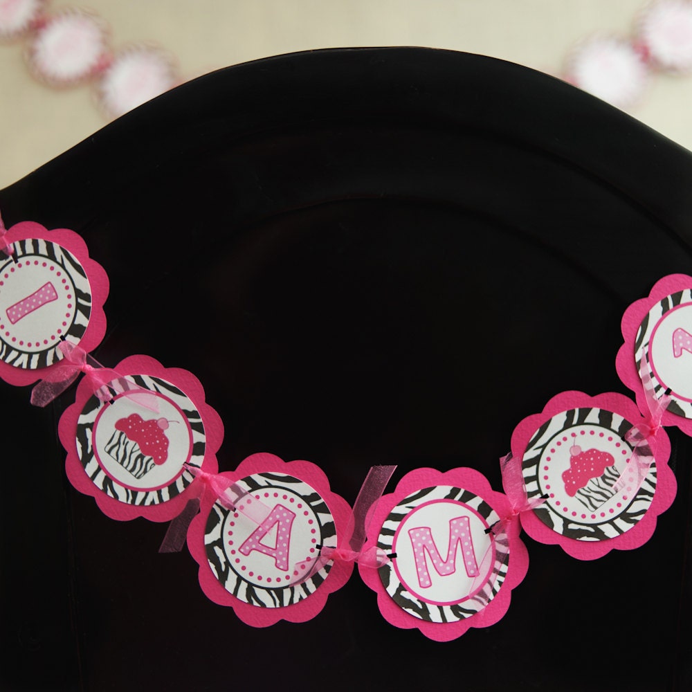 Cupcake Pink and Zebra - I AM 1 Mini Banner - Happy First Birthday Party Decorations Sign