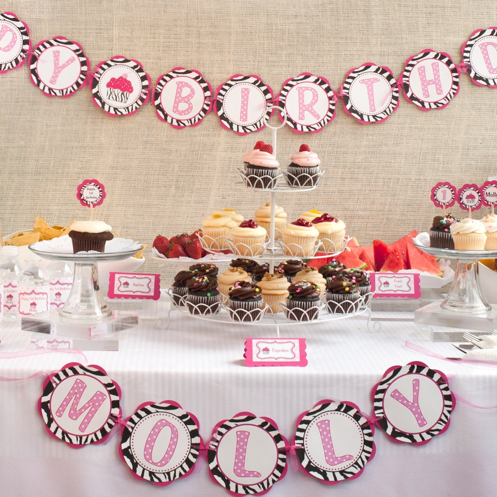 Cupcake Pink and Zebra - I AM 1 Mini Banner - Happy First Birthday Party Decorations Sign