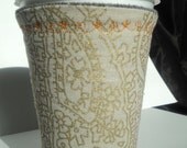 unique Vintage fabric insulated cup cozy and cuff floral gold and neutrals with orange stitching