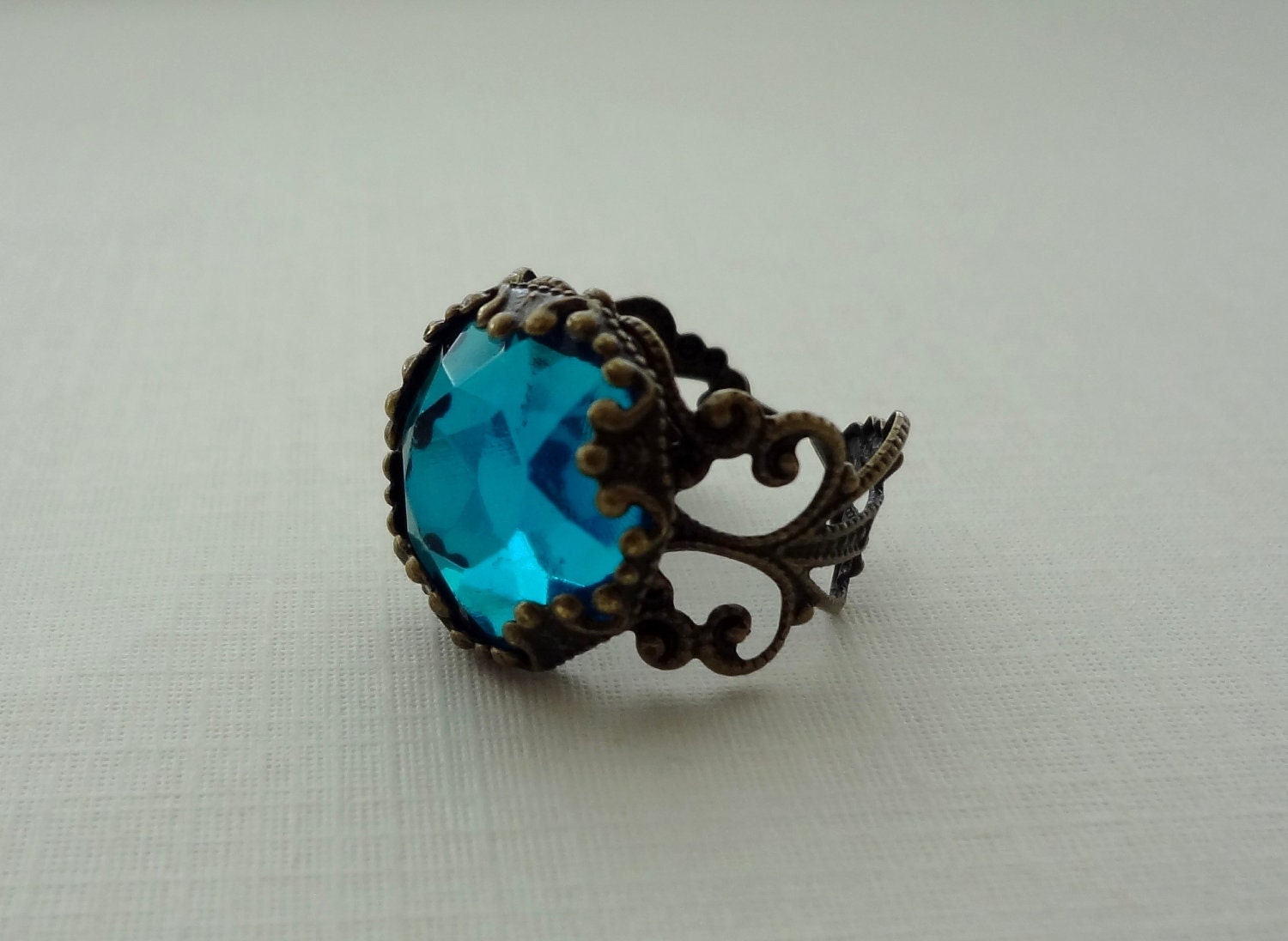ENTIRE SHOP 25% OFF Sale- Vintage Inspired Aqua Blue Filigree Ring in Antique Brass - Statement Ring