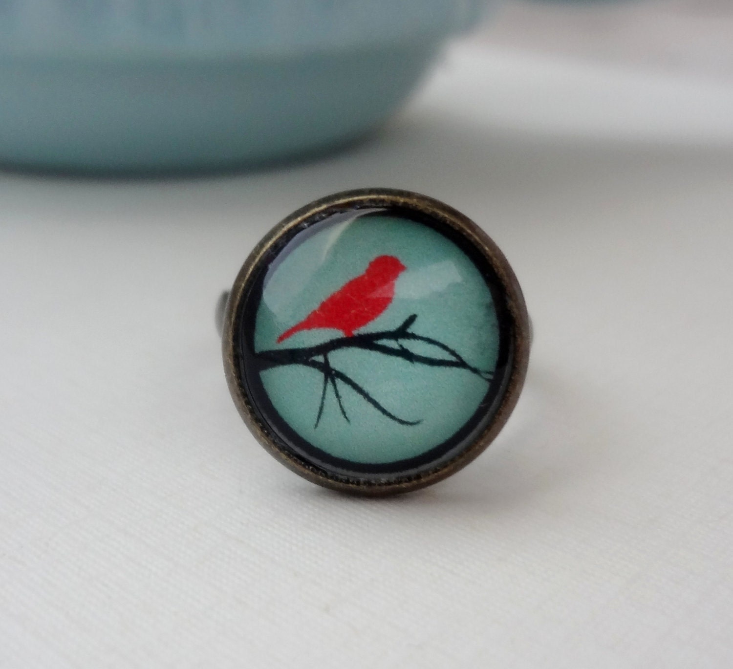 Aqua Bird on a Branch Ring in Antique Brass