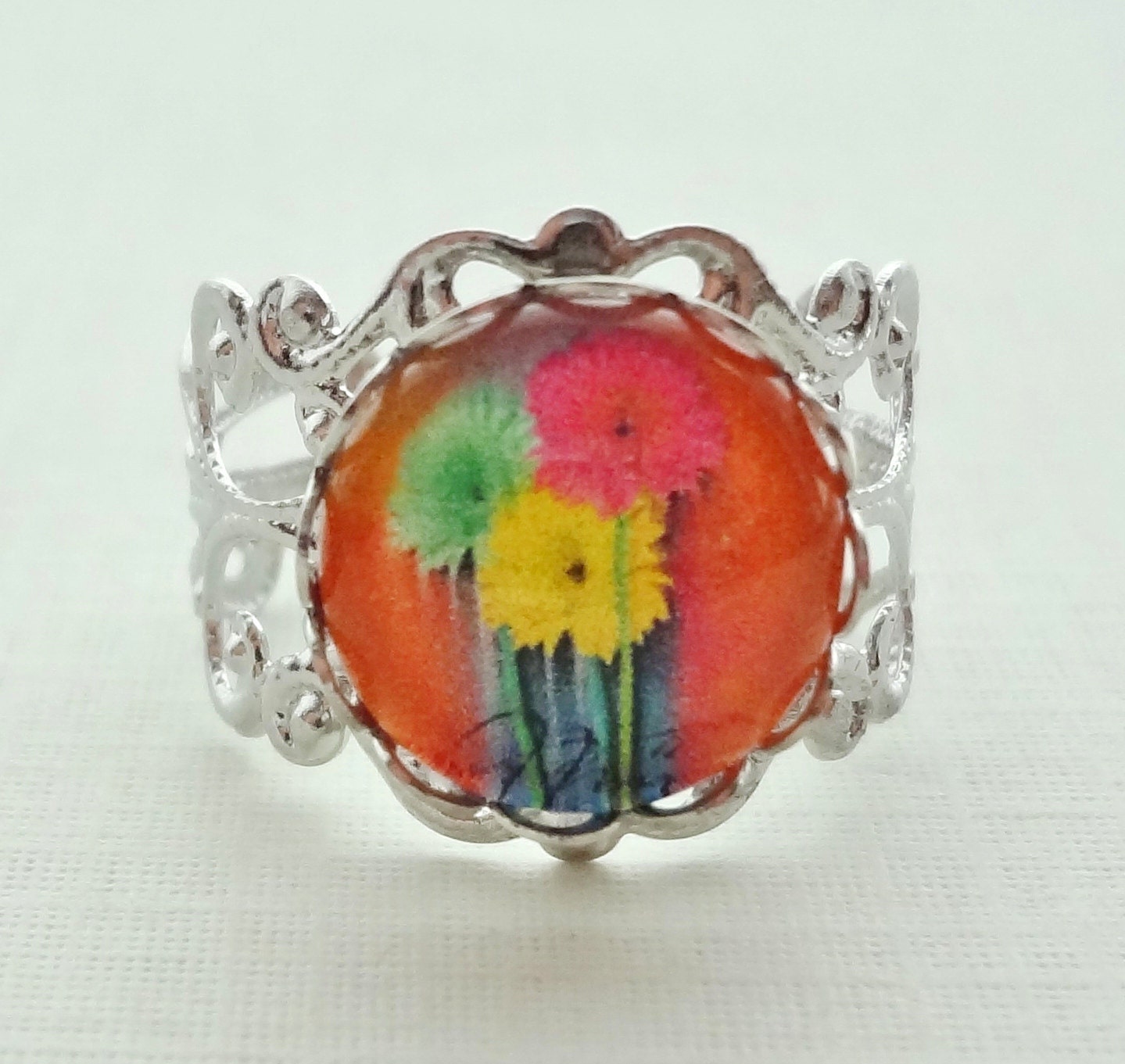 SALE- Bright Flowers Filigree Statement Ring. Orange. Mint. Yellow. Pink. Silver