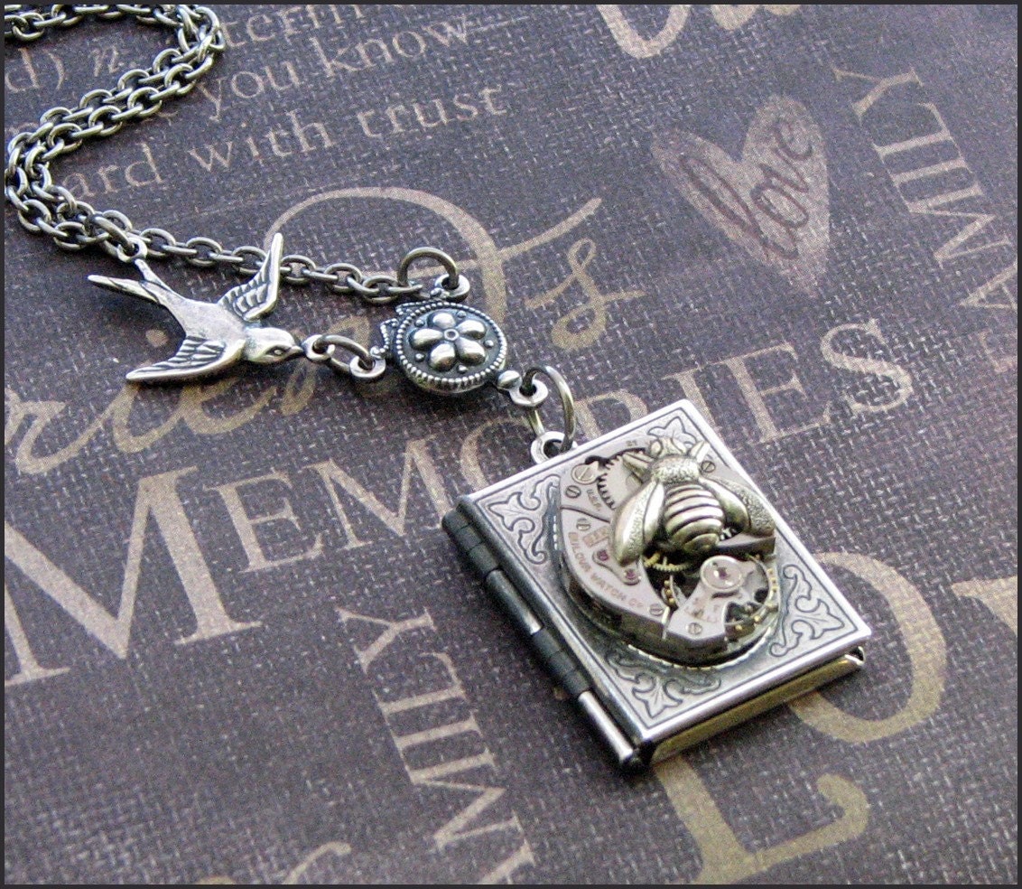 Silver Book Locket Necklace- Enchanted Birds and Bees - Jewelry by TheEnchantedLocket - ORIGINAL Steampunk Bride Daughter Friend Present