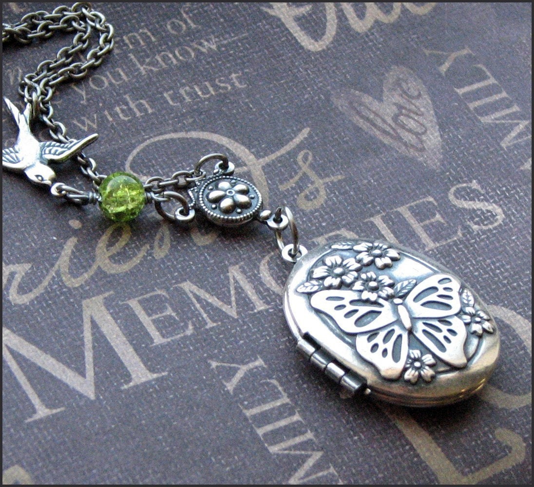 Silver Locket Necklace - Enchanted Peridot Butterfly Garden - Handmade by TheEnchantedLocket