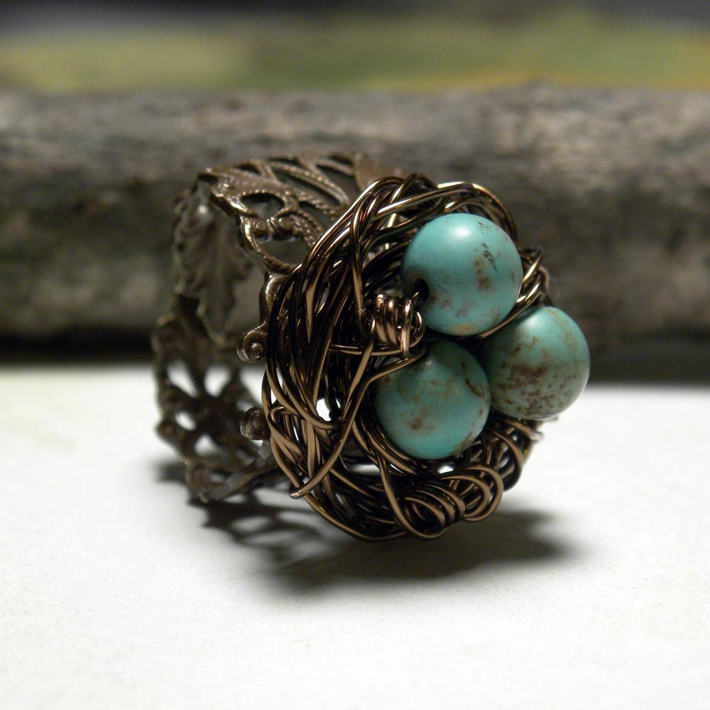 Vintaj Brass Wire Wrapped Blue-Green Magnesite Bird Nest Ring