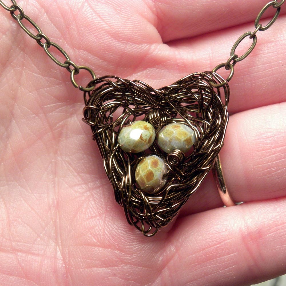 SALE- Bird Nest Necklace- Heart Shaped- Antique Brass