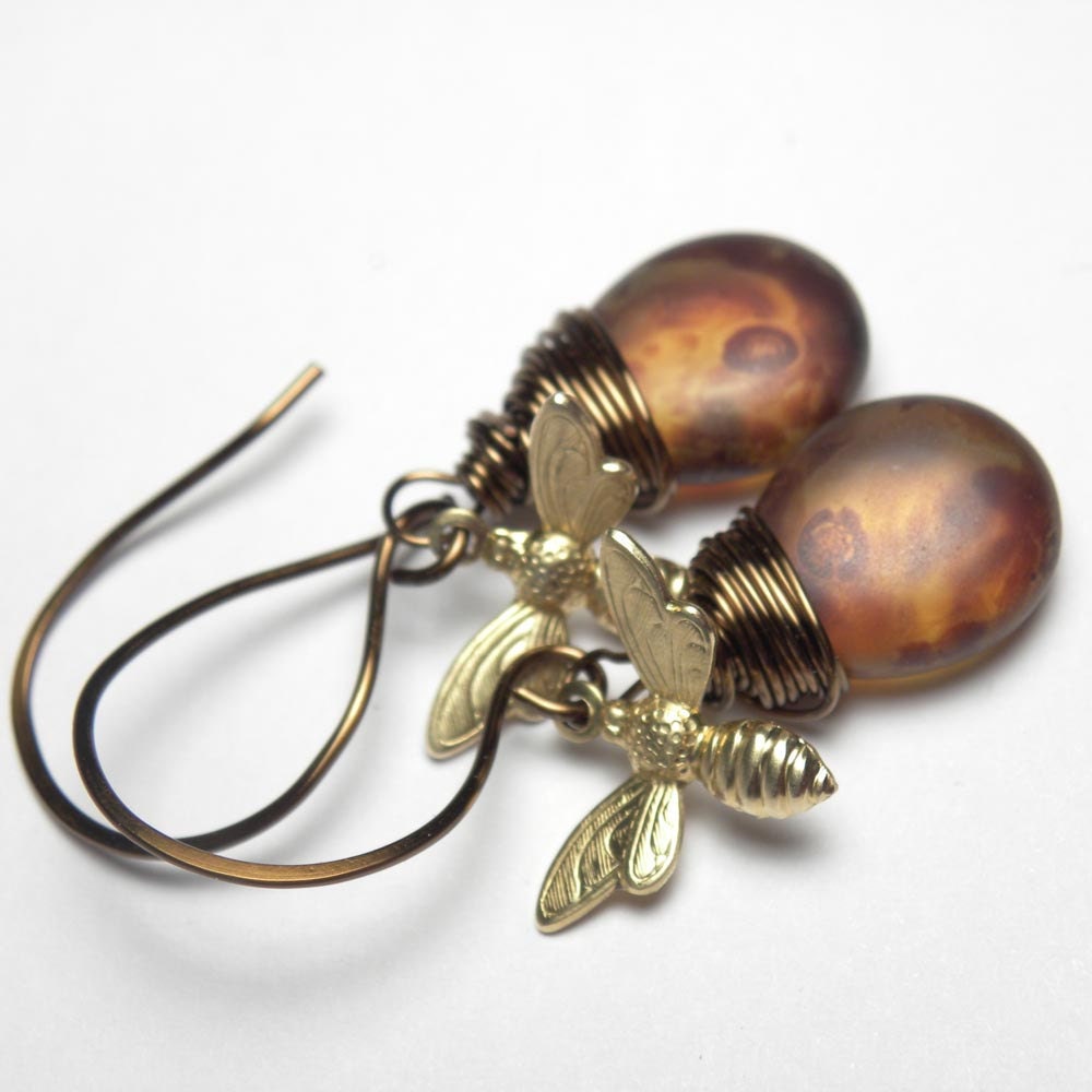 Honey Bee Jewelry Wire Wrapped Czech Glass Picasso Earrings