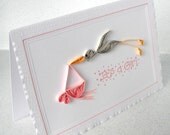 Quilled new baby card, baby girl birth congratulations, quilling stork, handmade