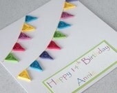 Quilled bunting birthday card, personalized with name and age, paper quilling, handmade greeting