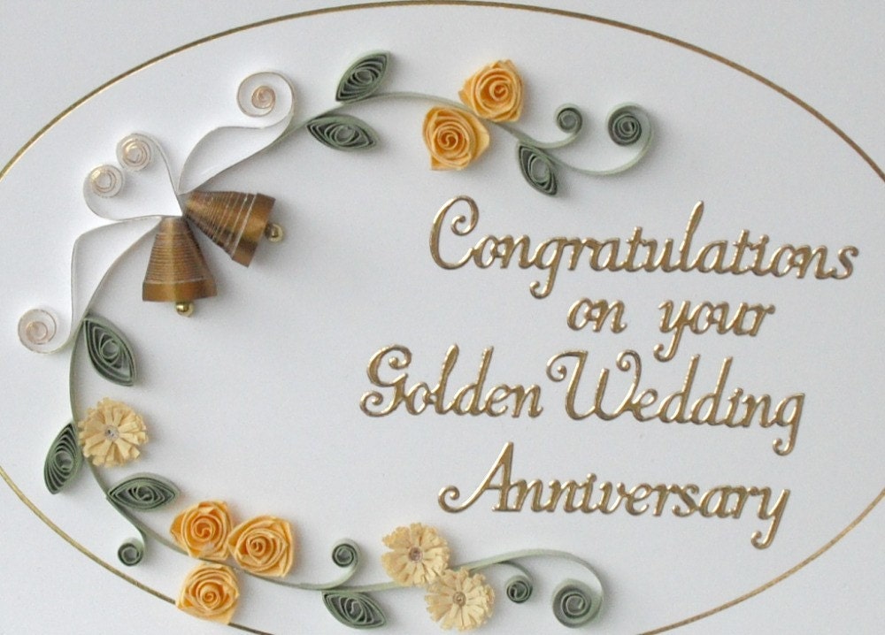 50th golden wedding anniversary card, quilled flowers, handmade greeting