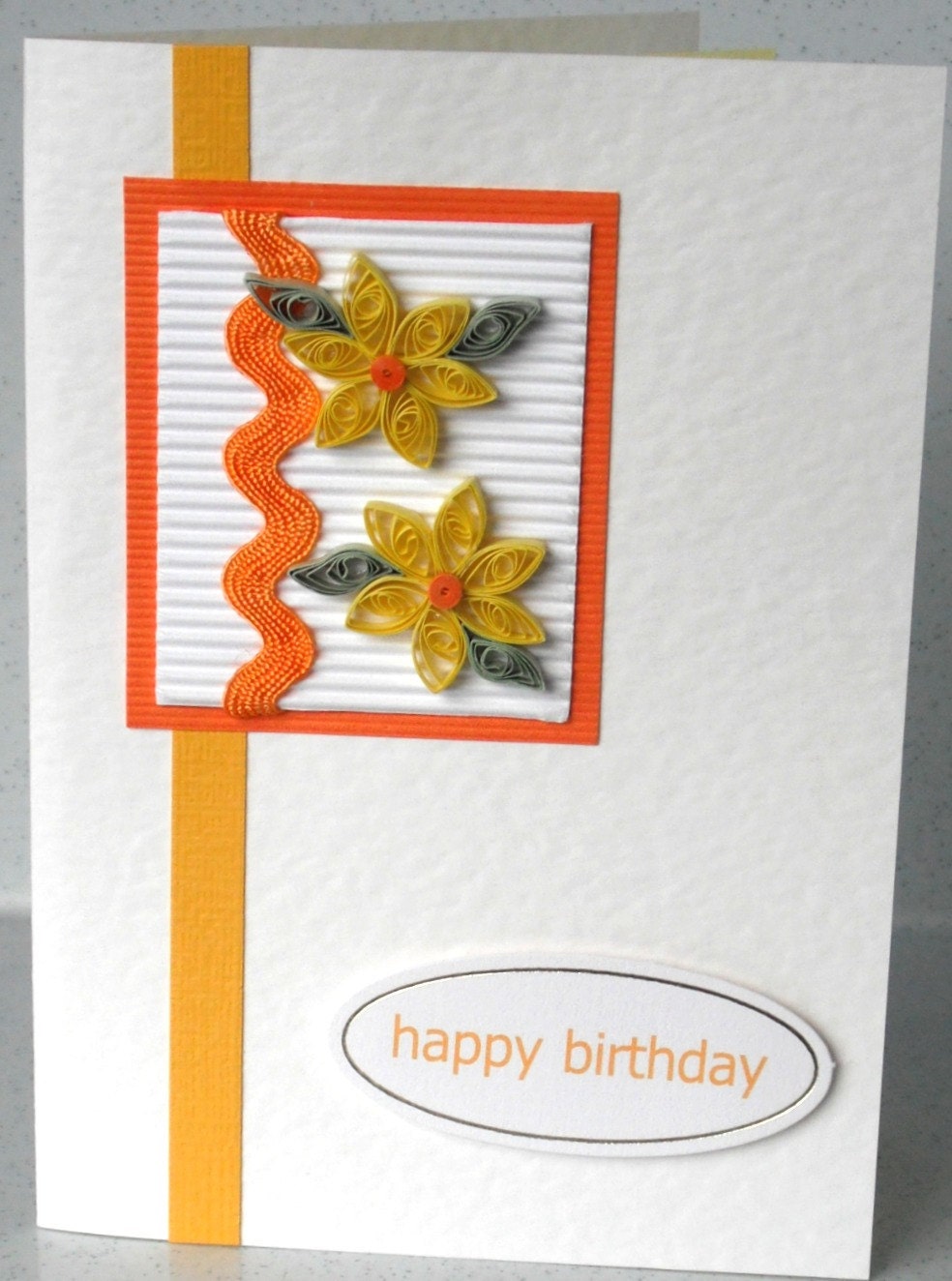 Birthday card quilled, quilling daisies, orange and lemon, handmade greeting
