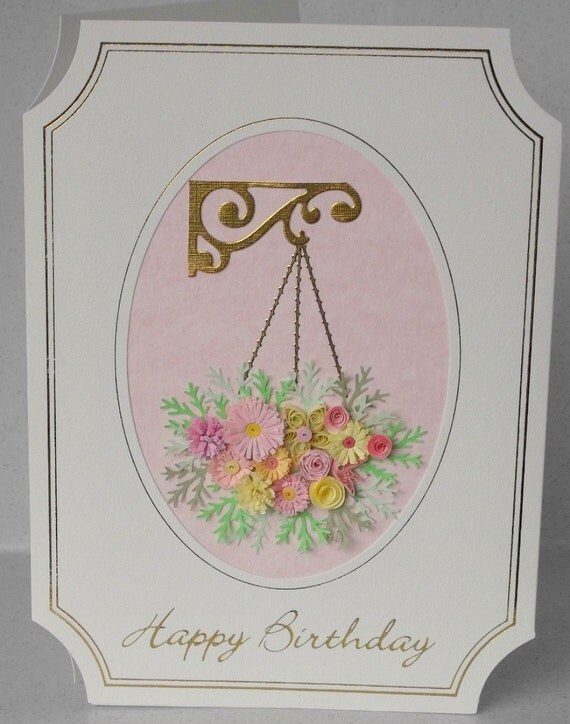 Paper quilling birthday card, quilled flowers in hanging basket