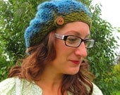 Slouchy beret hat ocean blue with handmade wood button