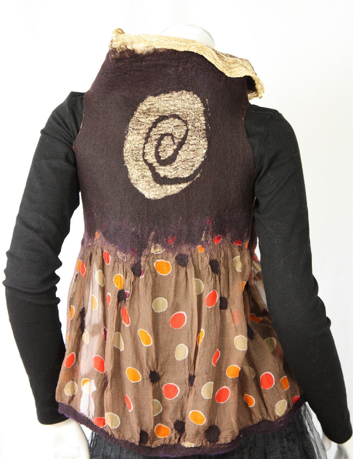 Reversible nuno felt vest / bolero - chocolate brown multicolored dots - golden metallic silk - autumn shades -S to XS