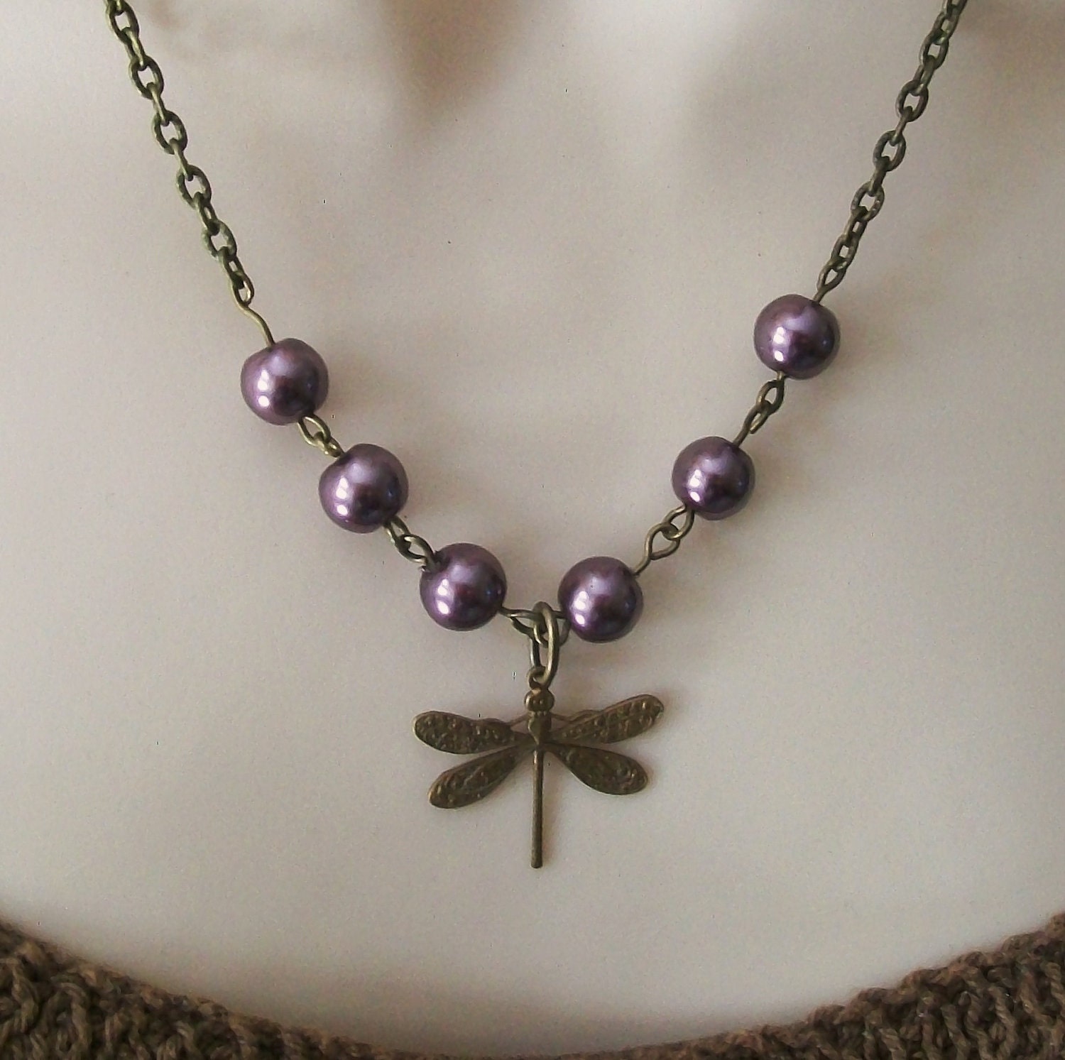 Dragonfly Necklace. Purple Pearls. Pearl Necklace. Beaded Necklace. Bridal Jewelry. Nature Inspired.