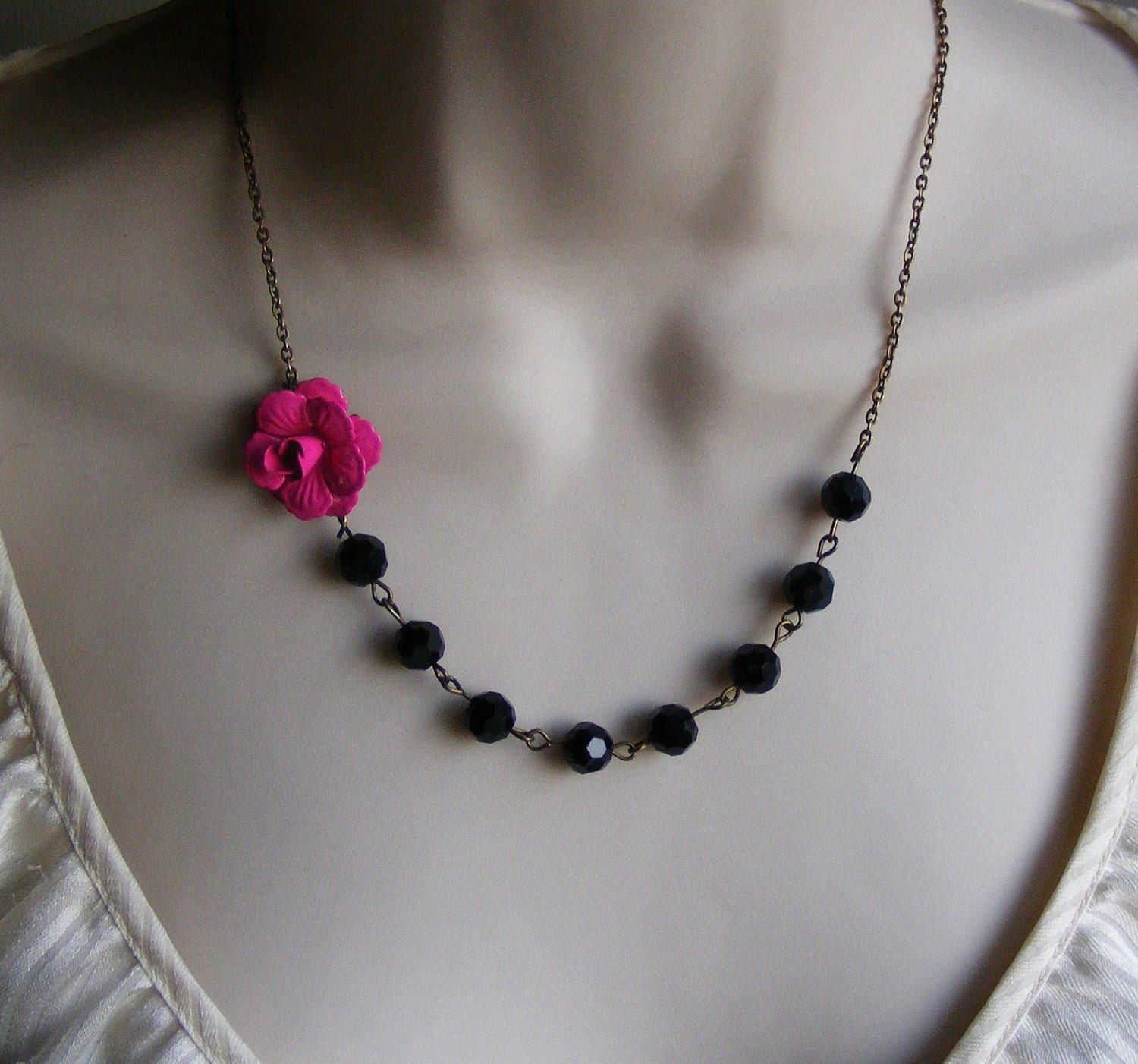 Pink Flower Necklace. Pink and Black Necklace. Bridal Jewelry. Bridesmaid Necklace. Statement Necklace. Bib Necklace.