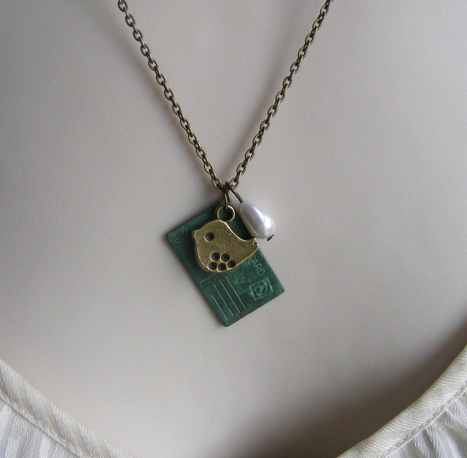 Verdigris I Love You Postcard Necklace. Vintage Inspired Necklace. Love Necklace. Postcard Necklace. Turquoise Jewelry