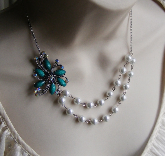 RESERVED for Robbie-Flower Brooch Layered Bib Bridal Statement Necklace. Turquoise Flower Necklace. Wedding Jewelry.