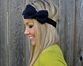 Navy Blue Bow Headband with Natural Vegan Coconut Shell Buttons - Adjustable