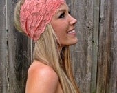 Wide Stretch Lace Headband in Coral (Pastel Peach)