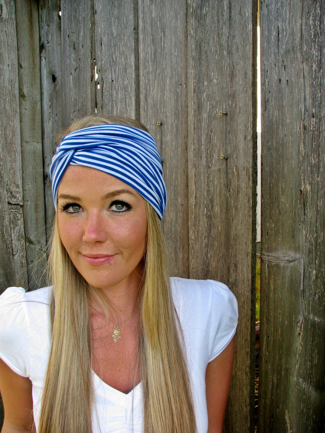 Vintage Turban Style Stretch Jersey Knit Headband in Nautical Blue Stripe- Multi Ways to Wear
