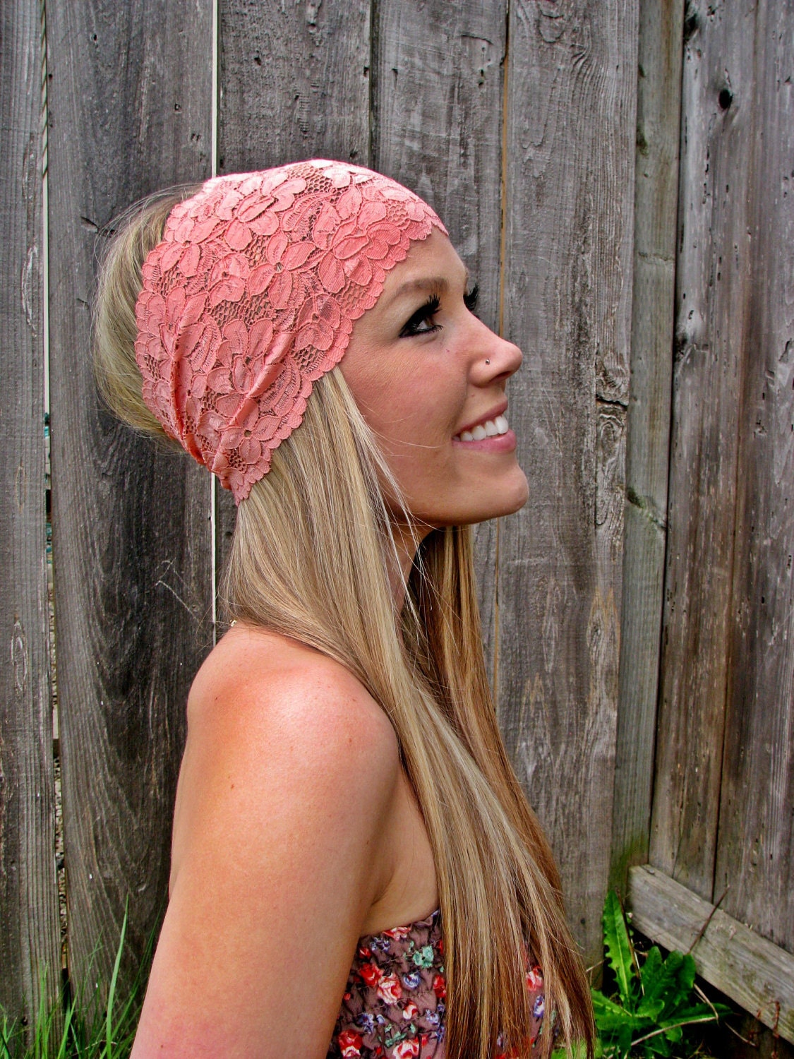 Wide Stretch Lace Headband in Coral (Pastel Peach)