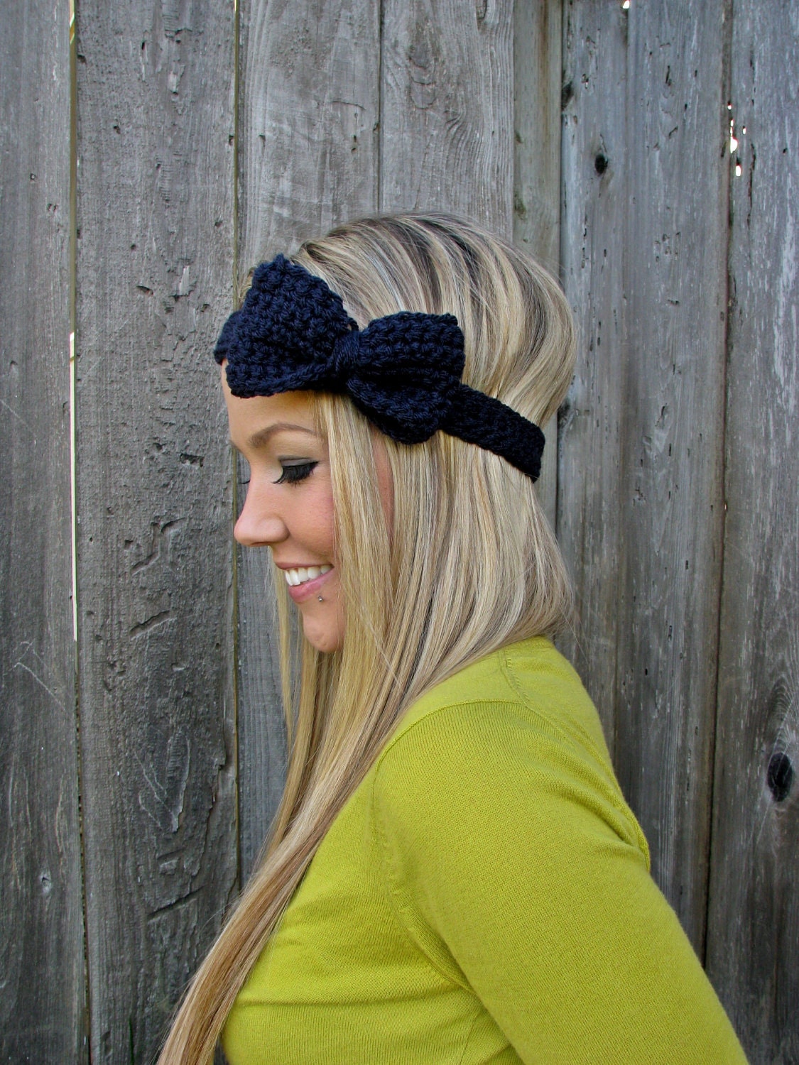 Navy Blue Bow Headband with Natural Vegan Coconut Shell Buttons - Adjustable