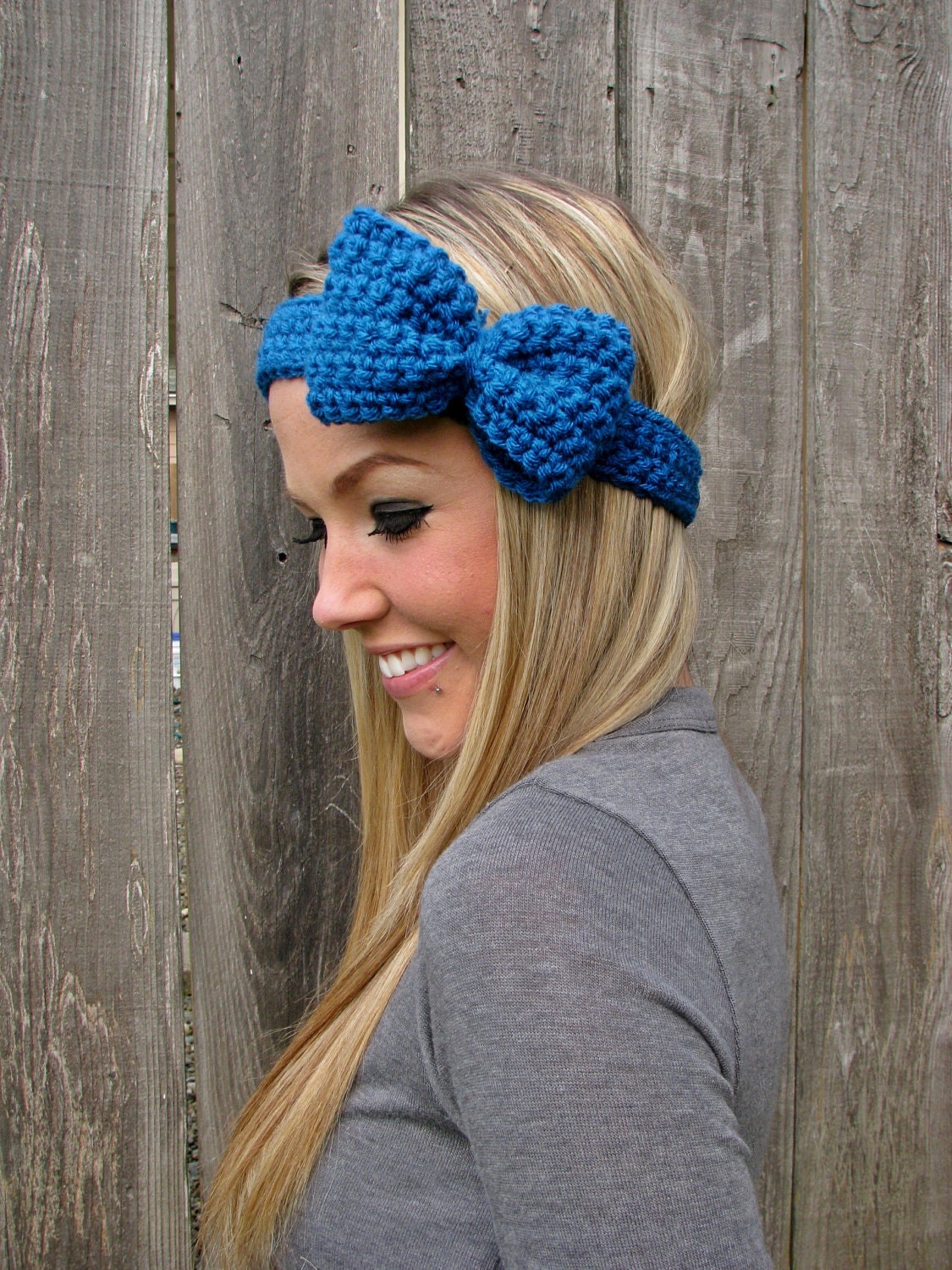 Sapphire Blue Bow Headband with Natural Vegan Coconut Shell Buttons - Adjustable