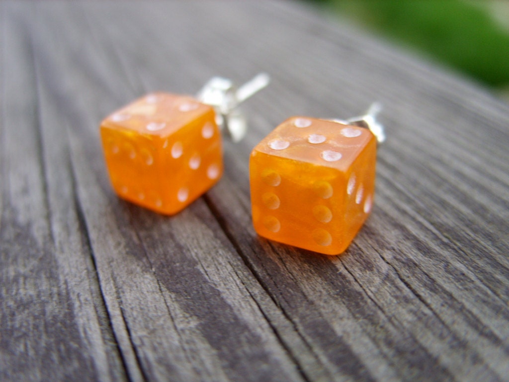Orange tiny dice post earrings unisex jewelry for her for him rpg geek nerd geeky geekery fun game gamer