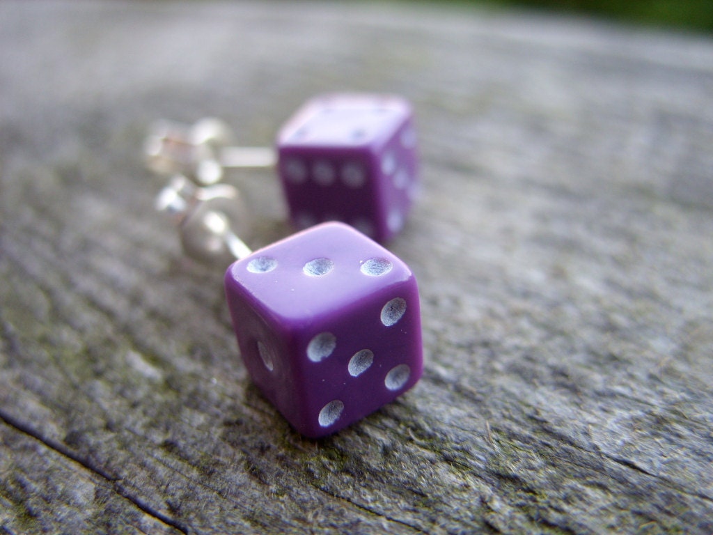 tiny dice post earrings purple violet unisex jewelry for her for him rpg geek nerd geeky geekery fun game gamer