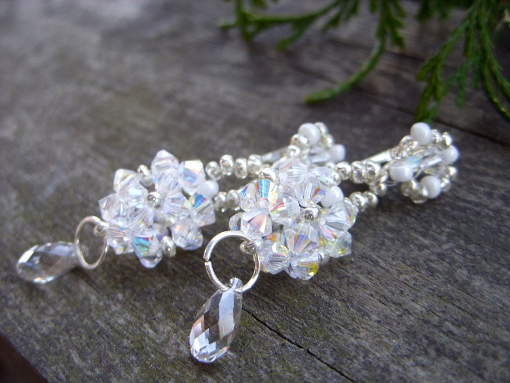 swarovski wedding earrings wedding jewelry crystallized AB diamond beads beadwoven dangle elegant smart sparkling shiny white silver
