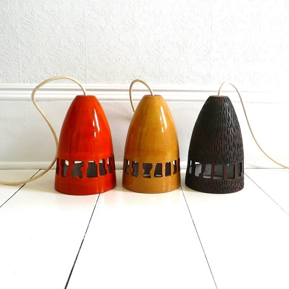 70s Pottery Pendant Light Trio - Orange, Brown and Yellow - Mid Century, Modern, OOAK
