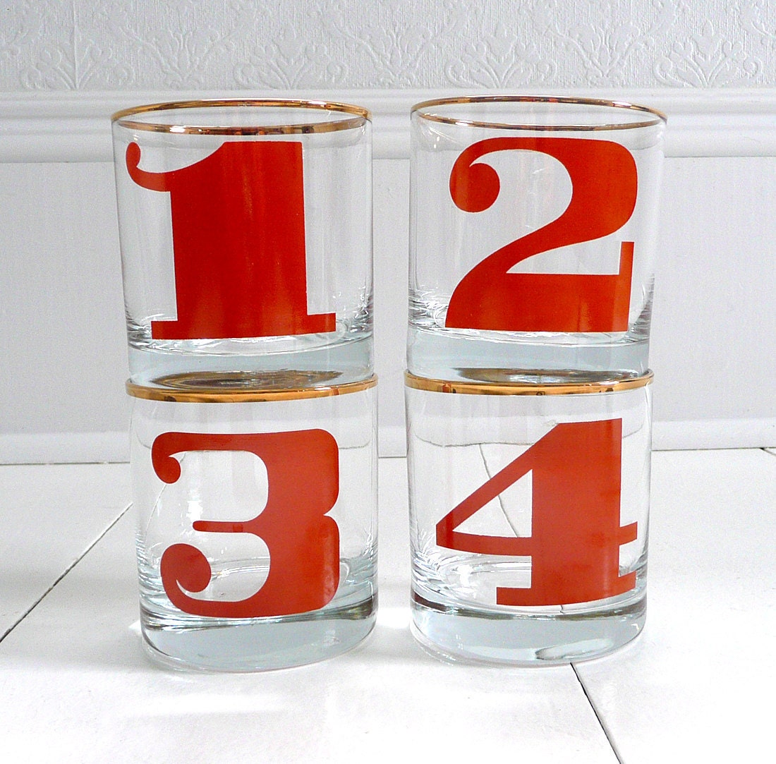 Vintage 70s Numbered Lowball Glasses - Orange, Graphic and Modern