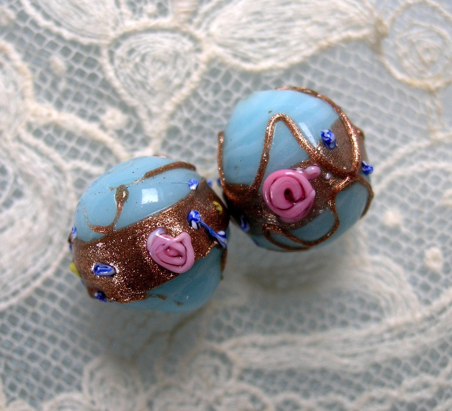 2 Vintage Venetian Glass Wedding Cake Beads, Powder Blue