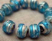 20 Japanese Glass Beads, Aqua Blue and Silver Foil, 8mm