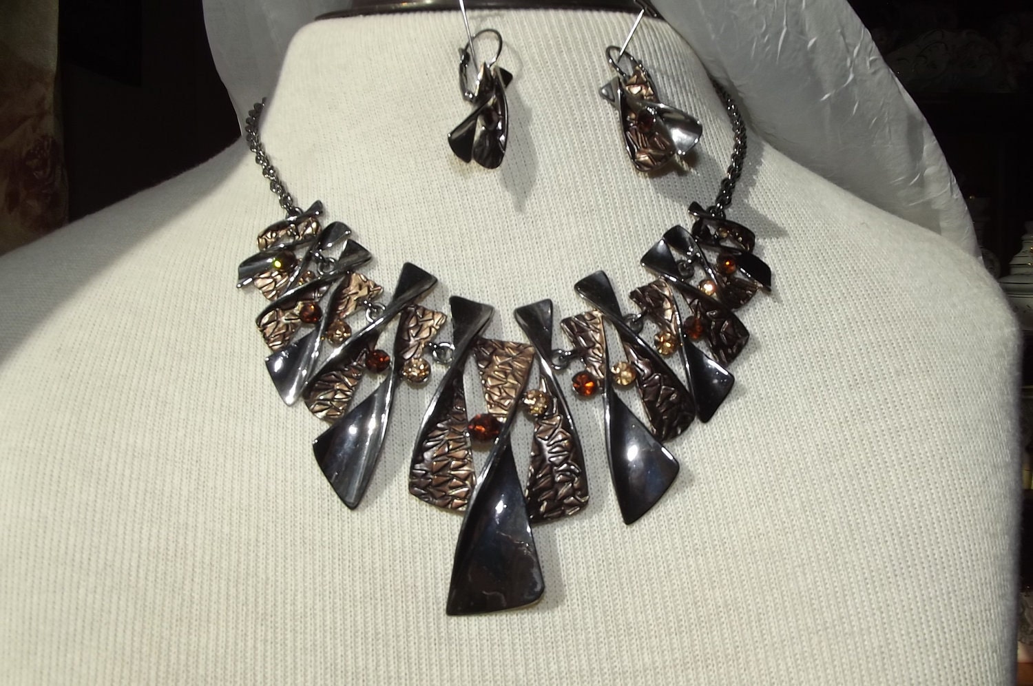 Rhinestone Dark Silver/Pewter Necklace and Earring Set///Sale