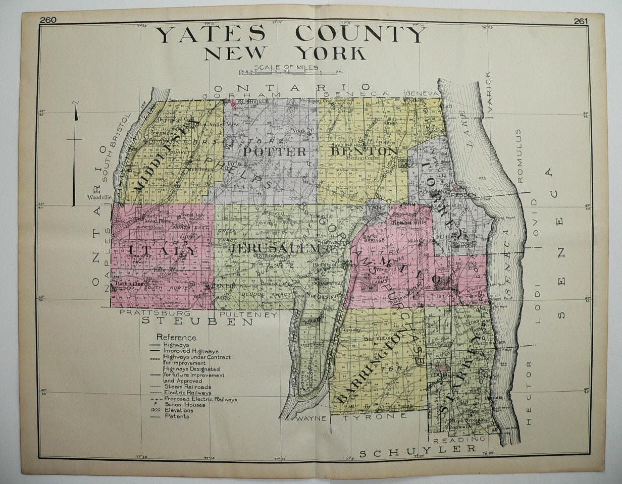 1912 Big Yates County New York NY Antique Map by OldMapsandPrints
