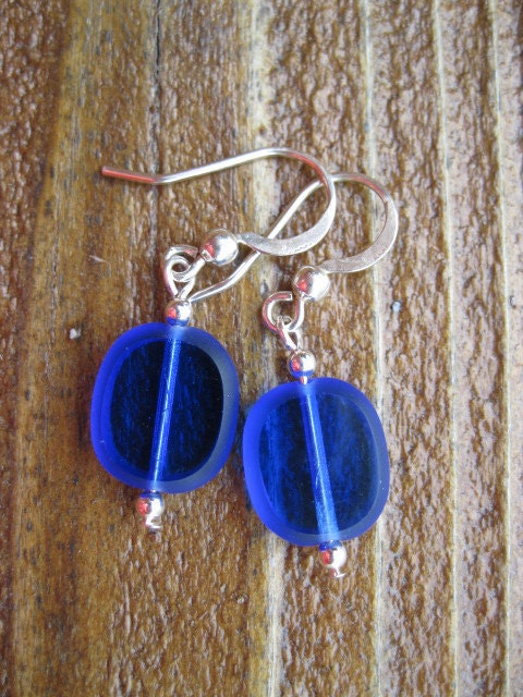bright cobalt blue Czech glass beads silver earrings SALE