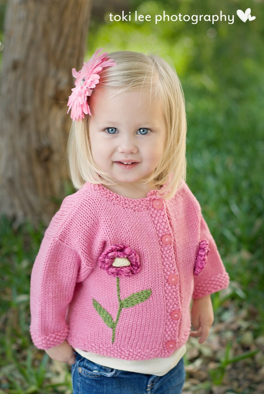 Hand Knit Baby Sweater, Girls -- Childrens Clothing -- PRIMROSE STREET -- Pink Flower Cardigan -- Perfect for Spring Baby Showers